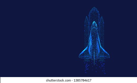 Shuttle Launch From Triangles And Luminous Points. Background Of Beautiful Dark Blue Night Sky. Polygonal Illustration. Low Poly. Startup Concept. 