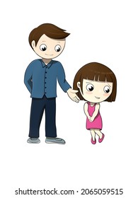 Shy Child Girl And Father Cartoon Cute