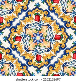 Sicilian Majolica Tile With Red Flowers, Leafy Foliage, And Fancy Flourishes