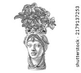 Sicilian symbol: Moorish head - black and white, a hand-drawn vintage illustration depicting a pot shaped in a female Moor