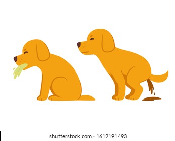 Sick Dog Vomiting And Having Diarrhea, Symptoms Of Food Poisoning And Intoxication In Dogs. Veterinary Health Illustration, Cartoon Drawing.