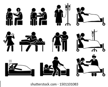 Sick, Illness And Injury Treatment, Medication, And Rehabilitation For Woman At Hospital And Home. Stick Figures Depict Female Body Checkup, Hospital Patient, IV Drip, Injection, And Physiotherapy.