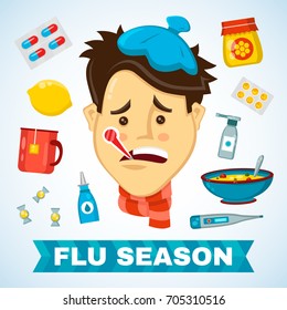 Sick Man With Thermometer In His Mouth Flat Illustration Sickness Character. Flat Isolated Icon Set Of Cold, Sickness, Pain And Flu Season Items. Icon For Infographic. Winter,scarf,bad Feeling