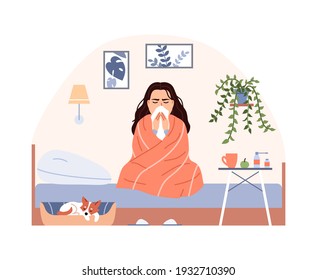 Sick Person On Bed With Blanket Treatment. Flat Common Cold Flu Virus Concept. Sneezing Woman Blow Nose. Character Has Influenza Infection Cough Runny Nose Fever. Medical Cartoon Illustration.