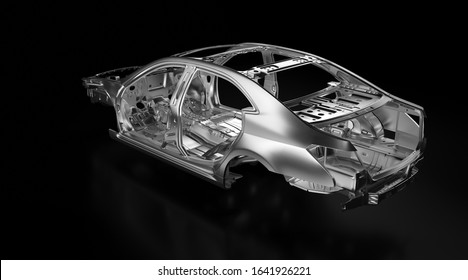 Side Back View Of Production Sedan Car Stainless Steel Or Aluminium Body And Chassis Frame. Metallic Vehicle Framing Base Isolated Against Black Background With Reflections. 3D Rendering Illustration.