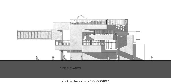 Side elevation of a contemporary building with multiple levels, balconies, and windows. Figures of people provide scale and context.