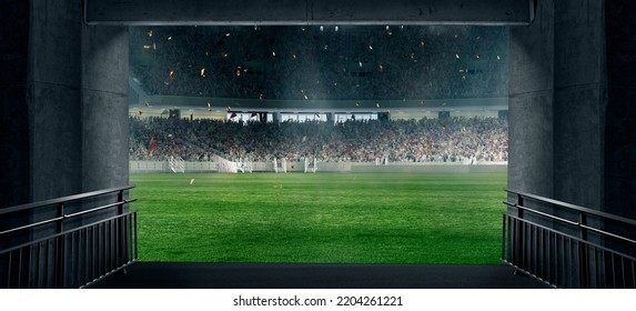 Side Entrance. Stadium Tunnel Leading To Soccer Field. Players, Athletes Entrance To Illuminated Football Stadium Full Of Fans. Digital 3D Model. Sport Team Event, Competition, Vision, Emotions