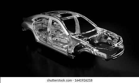 Side Front View Of Production Sedan Car Stainless Steel, Aluminium Body And Chassis Frame. Metallic Vehicle Framing Base Isolated Against Black Background With Reflections. 3D Rendering Illustration.