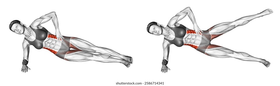 Side Plank with Raised Leg (VERSION 2) (left) (female). Waist exercise. Workout illustration training guide