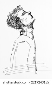 Side Portrait Of Young Guy, Looking Up With Closed Eyes. Drawing By Hand With Black Ink On Paper. Black And White Artwork.