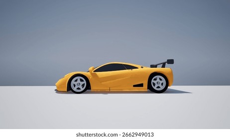 Side profile 3D render of an iconic yellow supercar with a sleek, minimalist design, isolated in a clean studio environment