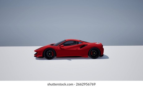 Side profile 3D render of a modern red supercar with a sleek, aerodynamic design, isolated against a clean studio background