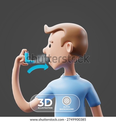 Side profile kid taking inhaler dose for pediatric respiratory education.