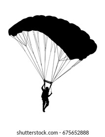 Side Profile Silhouette Of Sky Diver With Open Parachute Landing