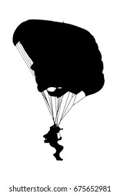 Side Profile Silhouette Of Sky Diver With Open Parachute Landing