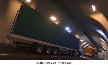 Side And Rear View Of A Semi Truck Convoy With Blue And Orange Containers Inside A Tunnel 3D Rendering