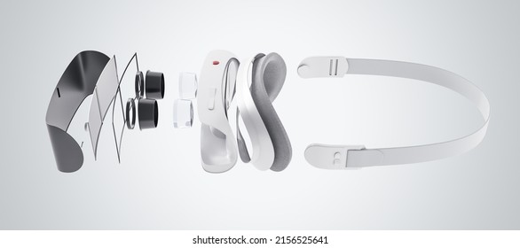 Side top view on VR glasses components on light wallpaper, virtual reality concept. 3D rendering - Powered by Shutterstock