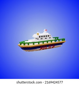 Side View 3D Rendering Of A Voxel Boat Using A Blue, Brown, White, And Green Color Scheme.
With A Blue Background.
Perfect For Game Character Reference.
Simple 3D Modeling.