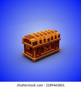 Side View 3D Rendering Of A Voxel Close Coffin Using A Blue And Brown, Color Scheme. With A Blue Background. Perfect For Game Character Reference. Simple 3D Modeling.