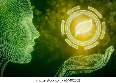 Side view of abstract digital human holding leaf icon. 3D Rendering. Natural concept