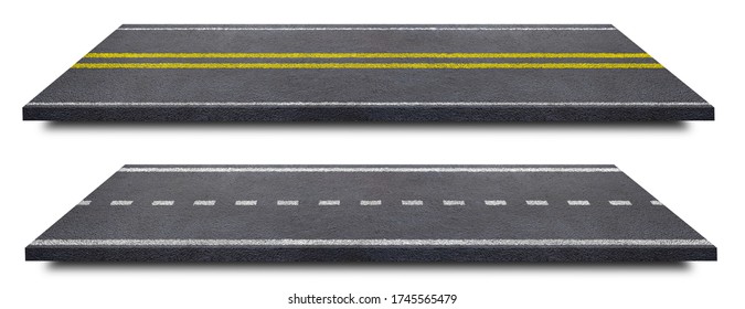 Side view of Asphalt straight street road way of lanes with lines isolated on white background. (Clipping path), 3d Illustration