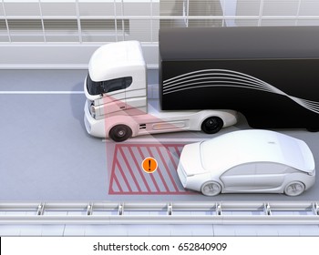 Side view assist system avoid car accident when changing lane. Concept for driver assistance systems. 3D rendering image.