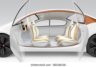 Side View Of Autonomous Electric Car. The Car Offer Folding Steering Wheel, Rotatable Passenger Seat. 