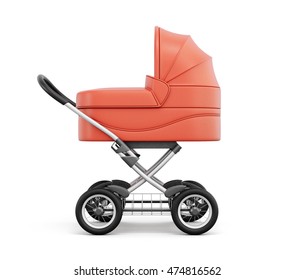 Side view of baby stroller isolated on white background. For boy. 3d rendering.
