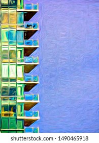 Side view of balconies and windows on urban residential high-rise, with digital painting and glow effects