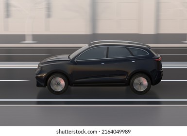 Side view of black electric SUV driving on the street. 3D rendering image.