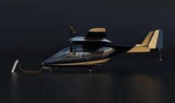 Side View Of Black Electric VTOL Passenger Aircraft Charging On The Station. 3D Rendering Image.