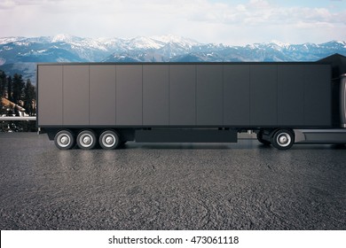 Side View Of Black Truck Trailer On Landscape Background. Mock Up, 3D Rendering