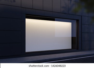 Side View Of Blank Horizontal Mock Up Poster Hanging In Shop Window At Night. Concept Of Advertising And Marketing. 3d Rendering