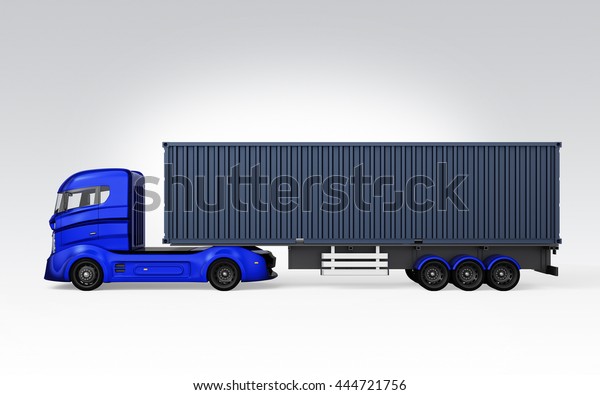 Side view of blue\
container truck isolated on gray background. 3D rendering image\
with clipping path.