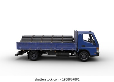 Side View Of A Blue Flat Bed Truck Loaded With Pipes For Constructions. 3D Illustration Isolated On A White Background.