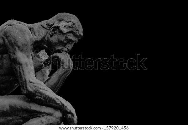 Side view bronze thinker sculpture\
background template in dark grey and black background\
color