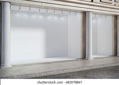 Side view of building with empty storefront and columns. Advertising and boutique retail concept. Mock up, 3D Rendering 