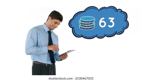 Side view of a Caucasian businessman typing on his tablet with a thought bubble beside his head. The thought bubble contains coin icon and number count increasing 4k - Powered by Shutterstock