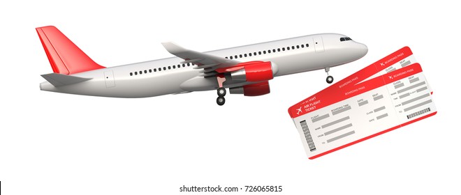 Side View Of Commercial Airplane, Airliner With Two Airline, Air Flight Tickets . Passenger Plane Take Off, 3D Rendering Isolated On White Background. With Space For Text