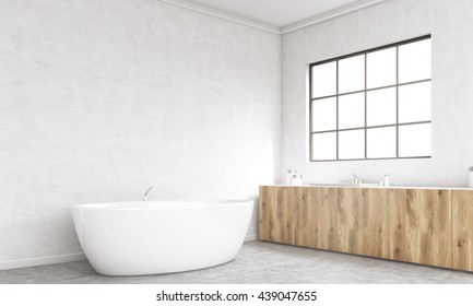 Side view of concrete bathroom interior with bathtub, wooden counters and framed window. 3D Rendering