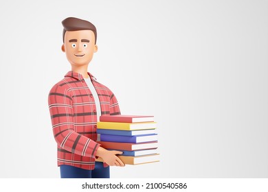 Side view confident cartoon character student red plaid shirt with books isolated over white background with copy space. University education concept. 3d render illustration. - Powered by Shutterstock