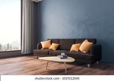 Side View Of Contemporary Concrete Living Room Interior With Furniture, City View And Copy Space On Wall. Mock Up, 3D Rendering 