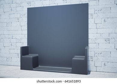 Side view of creative black bench with copy space on white brick wall background. Mock up, 3D  Rendering