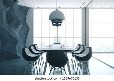 Side View Of Dark Boardroom With Equipment, City View And Daylight. 3D Rendering