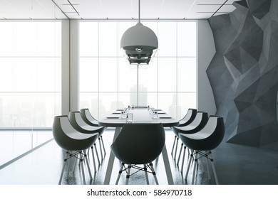 Side View Of Dark Boardroom With Equipment, City View And Daylight. 3D Rendering