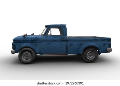 Side View Of A Dirty Old Vintage Blue Pickup Truck. 3D Illustration Isolated On A White Background.