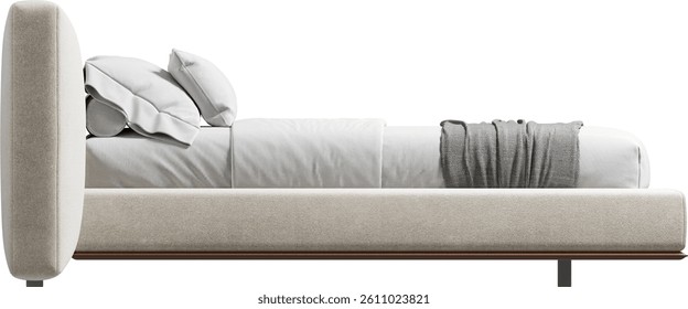 Side view of double bed with headboard and blanket