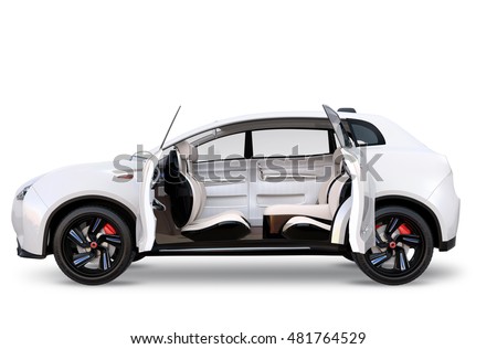 Side view of electric SUV concept car isolated on white background. The doors opened and front seats was turned backward for communication. 3D rendering image with clipping path. 