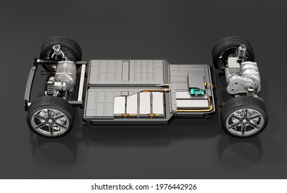 Side view of electric vehicle chassis with battery pack on black background. 3D rendering image.