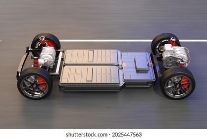 Side View Of Electric Vehicle Chassis Equipped With Battery Pack Driving On The Road. 3D Rendering Image.